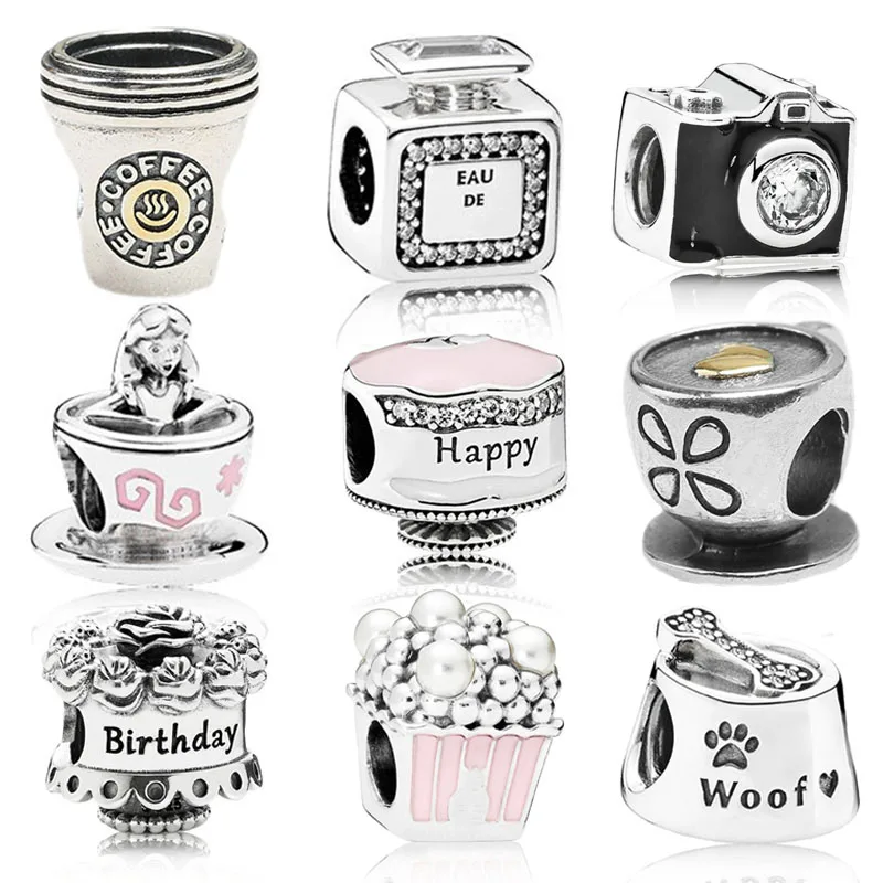 

925 Silver Bead Coffee Cup Perfume Camera Vintage Fairy Birthday Cake Charm Fit Pandora Bracelet Bangle for Women DIY Jewelry
