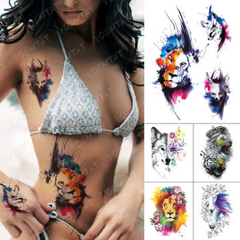 

Waterproof Temporary Tattoo Stickers Tiger Fox Cat Wolf Animal Flower Flash Tattoos Woman Body Art Fake Sleeve Tatoo Men