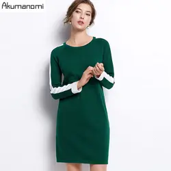 Осень Вязание платье плюс Размеры 5xl-l Для женщин Повседневное; Цвета: зеленый, коричневый, круглый вырез, длинный рукав Bodycon офисные