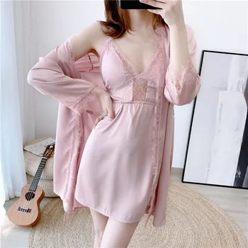 

2020 Summer Silk Satin Lace Sexy Lingerie Nightgowns Robes Sets for Women Bathrobes Sleepwear Nightdress Night Dress Nighty