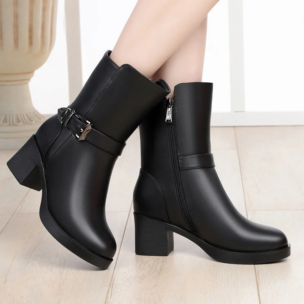 

Women Boots Pointed Toe Boots Woman Thick Heel High Heels Shoes Female Warm Square Heels Mid Calf botines Leather Shoes #1025