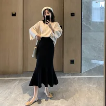 Женская трикотажная облегающая юбка, Модные осенние трикотажные юбки с высокой талией, женские юбки-трубы