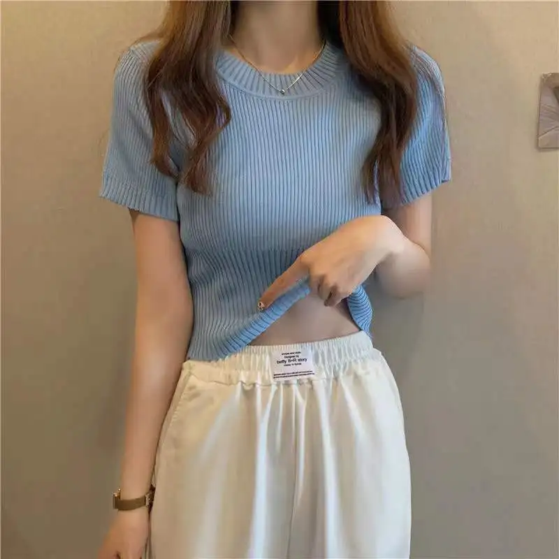 Summer Slim Thin Round Neck Solid Color Knitted Short-sleeved Pullover T-shirt Spring And Autumn New Fashion Bottoming Top
