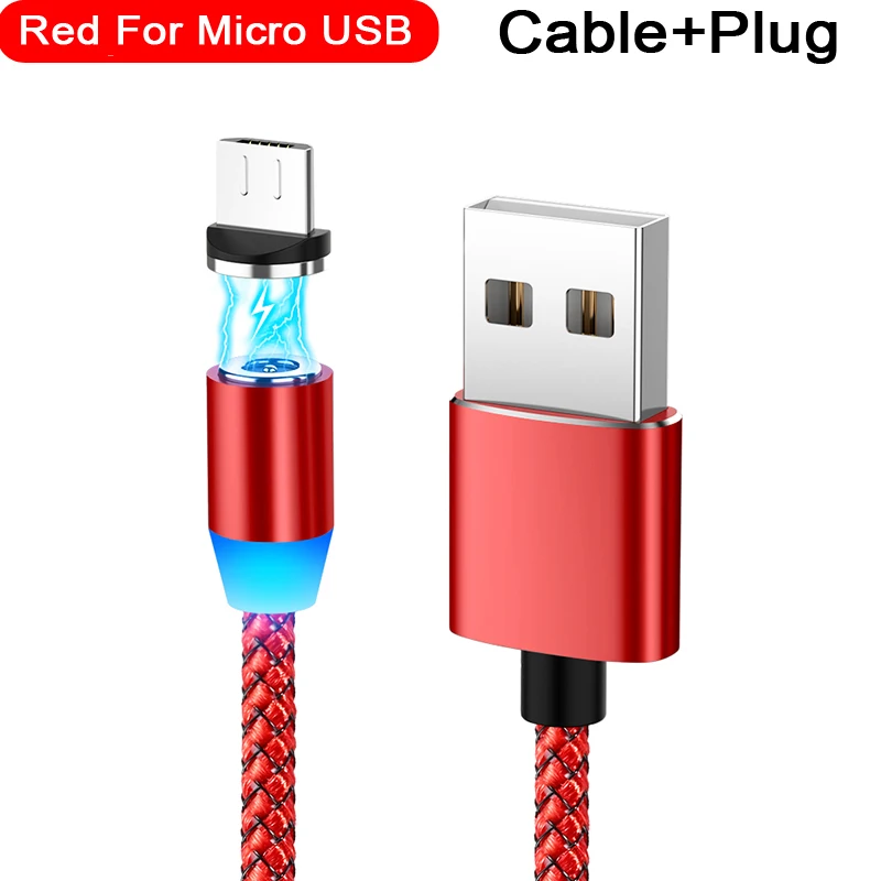 Магнитный usb-кабель для быстрой зарядки 2,1 А, Тип C, микрокабель, светодиодный, с нейлоновой оплеткой, type-C, магнитное зарядное устройство для iPhone XS X 7, samsung, 1 м, 2 м - Цвет: Red for Micro USB