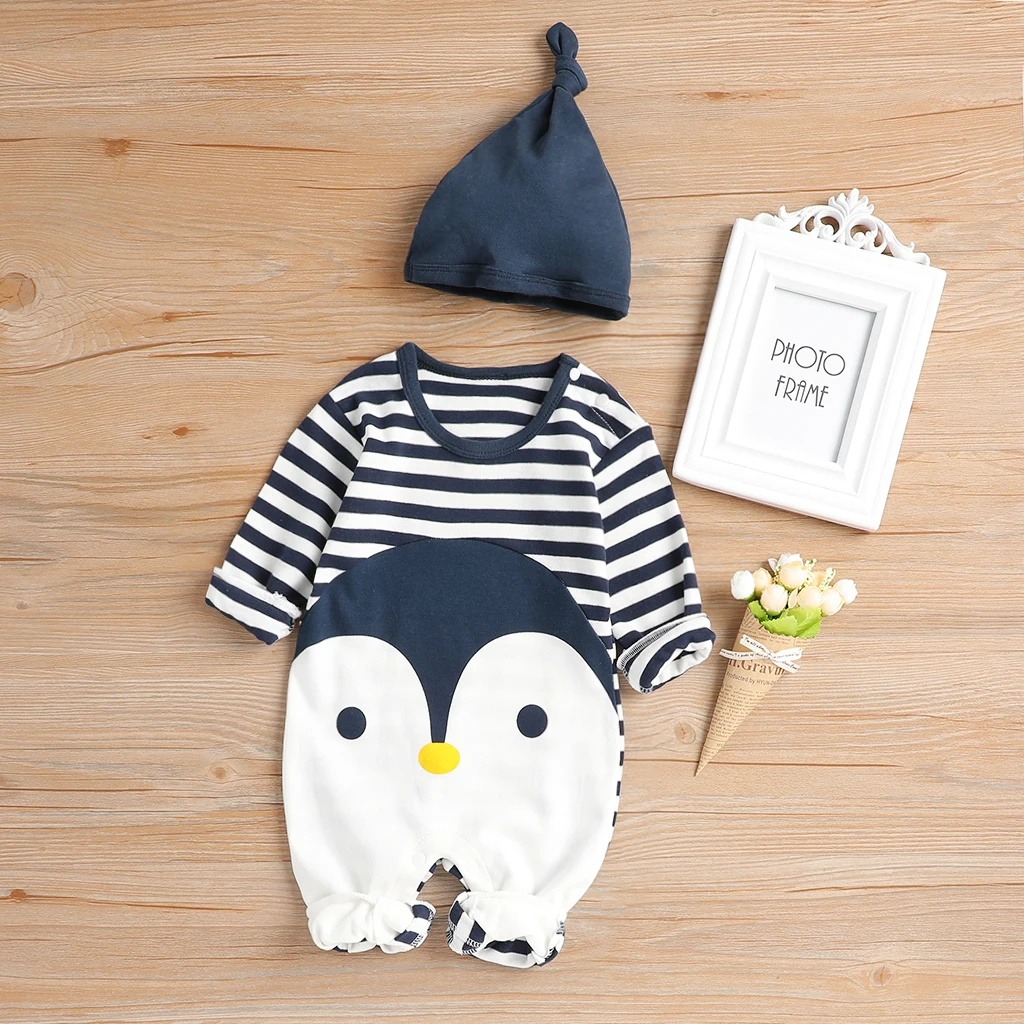Unilovers 2020 Spring Autumn Cotton Casual Newborn Striped Penguin Print Long Sleeve Jumpsuit Hat Set for Baby Dark Blue Crawler