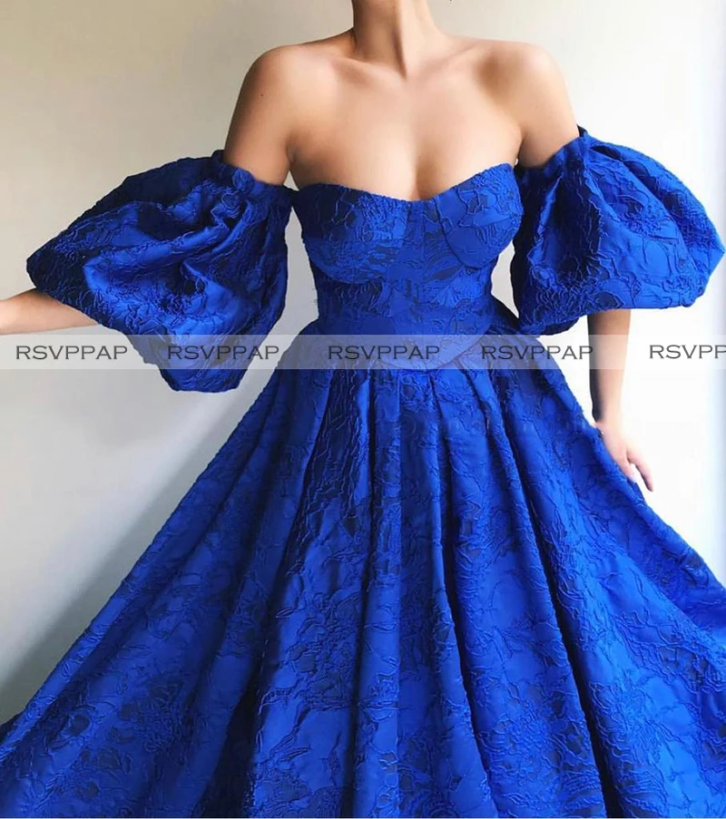 

Royal Blue Long Evening Dresses 2020 Atabic Dubai Style Sweetheart Neck Short Sleeve Lace Long Women Formal Gowns Abendkleider