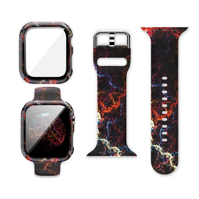 Case+Bands for Apple Watch Band 44 40 42 38mm with Screen Protector Cover, Glass+Silicon Wristband Strap for iWatch SE 654321 Starry Sky Pattem