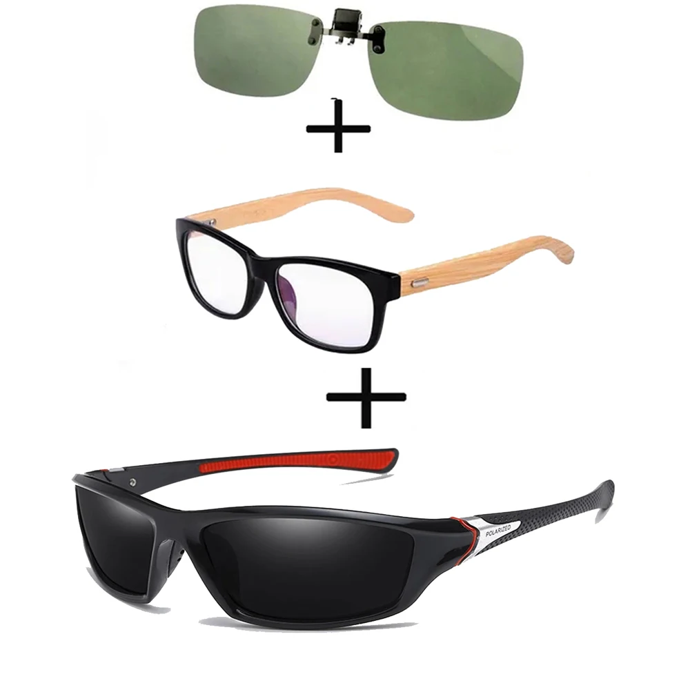 

3Pcs!!! Comfortable Wooden Squared Frame Reading Glasses for Men Women + Polarized Sunglasses Sports Driving + Sunglasses Clip