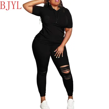 

Plus Size 2 Piece Set Women Short Sleeve Hooded Shirt and Hole Pant Sets Womens Casual Two Piece Outfits Wholesale Dropshipping