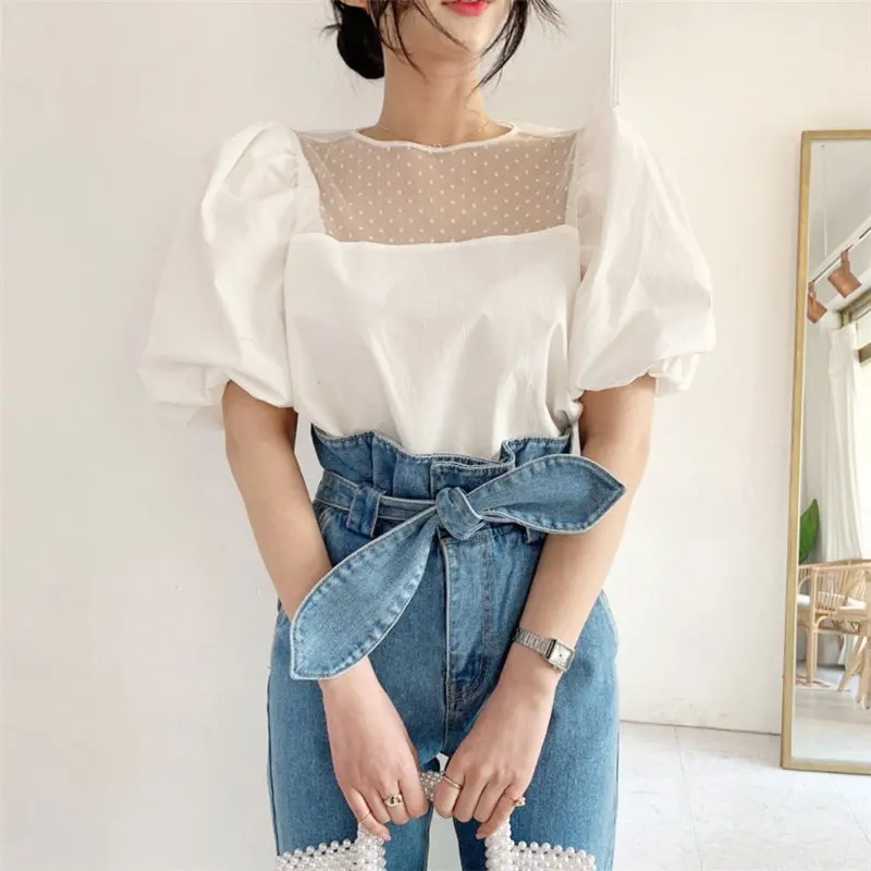 

HziriP 2020 Summer Sweet Polka Dots Light Mesh Patchwork Lace Puff Sleeves Blouses Elegance OL Hot Sale Gentle All Match Shirts