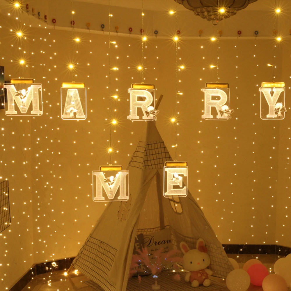 

3D Wall Hanging Strip Light Led Curtain Light 3D "Marry me" Letter English Alphabet Home Wedding Decoration for Xmas Wedding