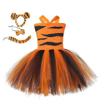 

Kids Halloween Role Play Costume Tiger Cosplay Birthday Party Tutu Dress Baby Girls School Performance Suit with Headband Tail