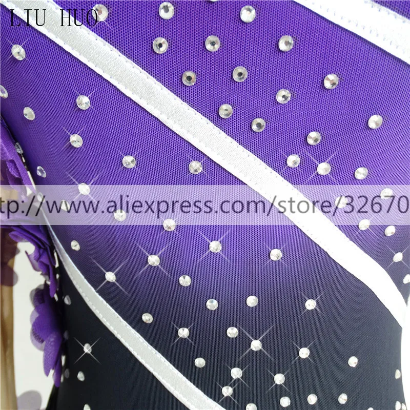 Figure Skating Dress Women's Girls' Ice Skating Dress Purple flower black Round neck long sleeve Competition Stripe pattern