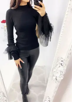 

Lace Knitted Turtleneck Sweater Casual Soft winter Women Elasticity Pullovers Slim Ruffle Petal Long Sleeve Fitted Ladies Basic