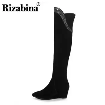 

RIZABINA Winter Over The Knee Boots Pointed Toe Genuine Leather Zipper Bling Platform Hidden Heel Shoes Women Footwear Size 34-3