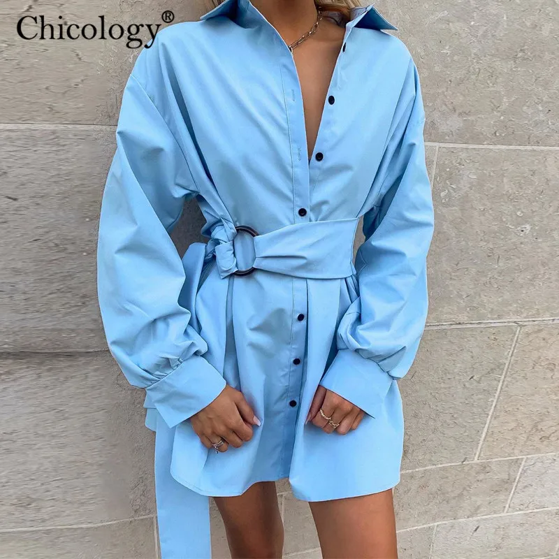 

Chicology belt zipper button lantern long sleeve tshirt dress 2019 autumn winter women sexy party casual office lady clothes