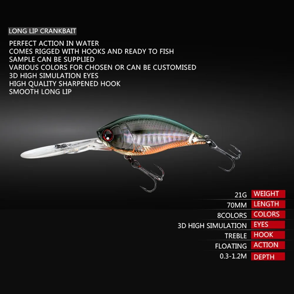 70mm 22g Crankbait Long Lip Fishing Lure Floating Bionic Wobbler Crank Bait Artificial Lure Hard Bait 3D Eyes Minnow Bass