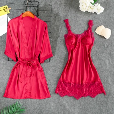 Fiklyc underwear women's sexy padded chest robe& gown sets lace& satin patchwork V-neck mini nightdress+ robes pijamas NEW - Цвет: wine red set