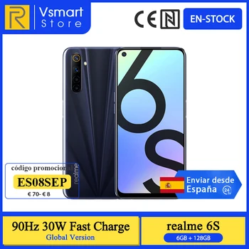 Перейти на Алиэкспресс и купить В наличии глобальная версия Realme 6S Смартфон 6 ГБ 128 ГБ 6,5 ''90 Гц дисплей Helio G90T 48MP Quad задние камеры 4300mAh 30W быстрая зарядка