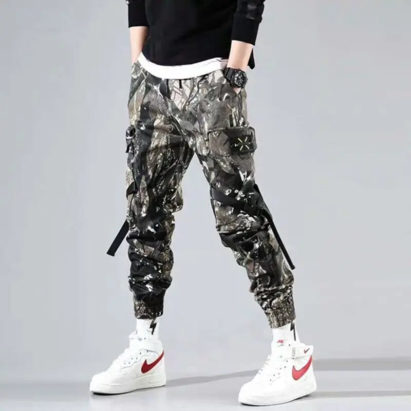 Streetwear Ribbons Casual Pants Men Black Slim Mens Joggers Pants Side-pockets Cotton Man Trousers - Цвет: 8126 camouflage