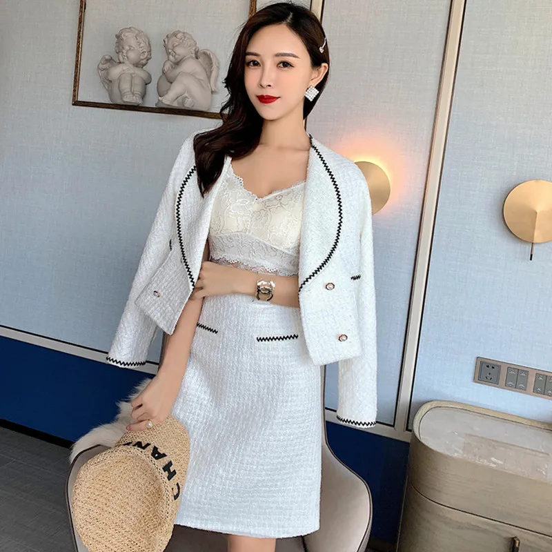 

Runway Woolen Skirt 2 Piece Set Women 2020 Autumn Winter Luxury Pearls Bottom Tweed Woolen Jacket coat + Fashion Skirt Set