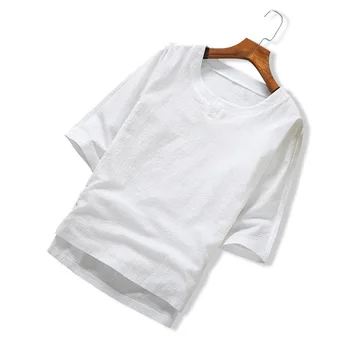 

ZHIJING Summer Cotton Linen Short Sleeve Man Flax Half Sleeve on Clothes V-neck T-shirt Solid Color Short Sleeve Men's