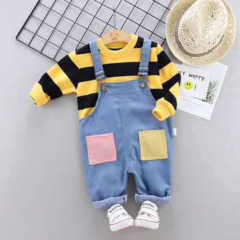 

Children's Clothing 2020 Autumn New Baby Boy Big Striped Long-sleeved Bottoming Shirt Denim Pant Two-piece Baby Girl Casual Suit