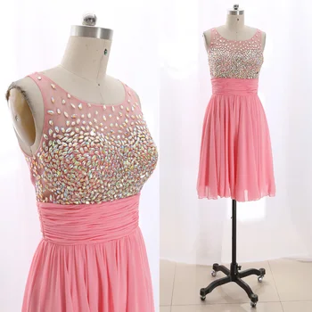 

MACloth Pink Short O Neck Knee-Length Short Crystal Tulle Prom Dresses Dress M 267593 Clearance