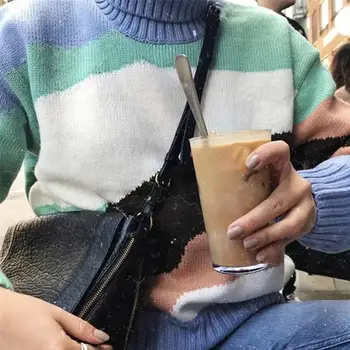 

Rainbow Turtleneck Sweaters Women Winter Autumn Jumpers Pullovers Knitted Clothes Fashion Striped Oversized Pullover