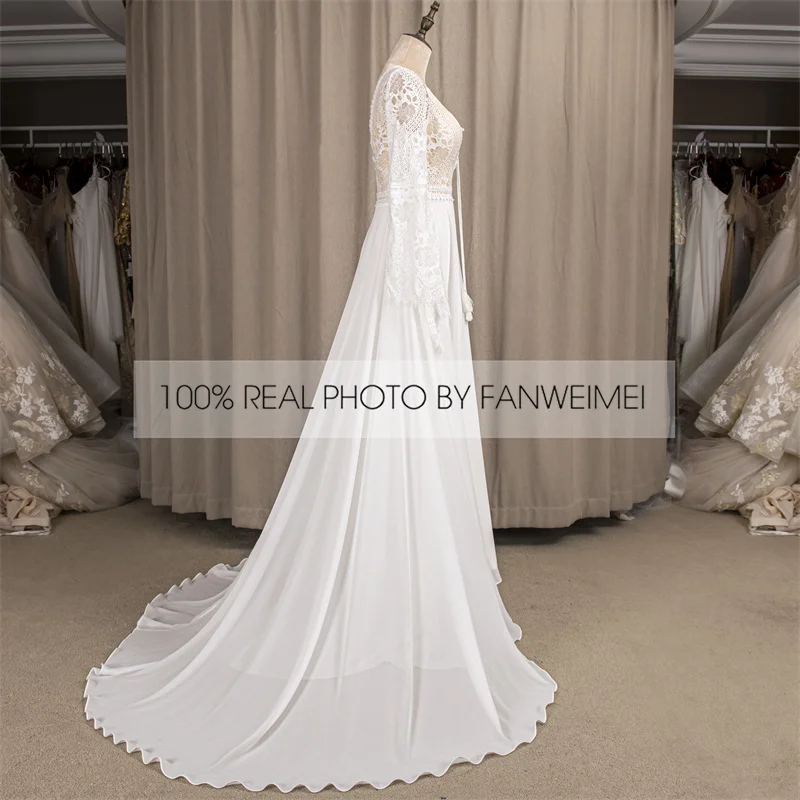 803#2021 New Design Long Lantern Sleeve Empire V-Neck Backless Small Train Beauty Backless Lace Boho Beach Wedding Dresses Women modest wedding dresses