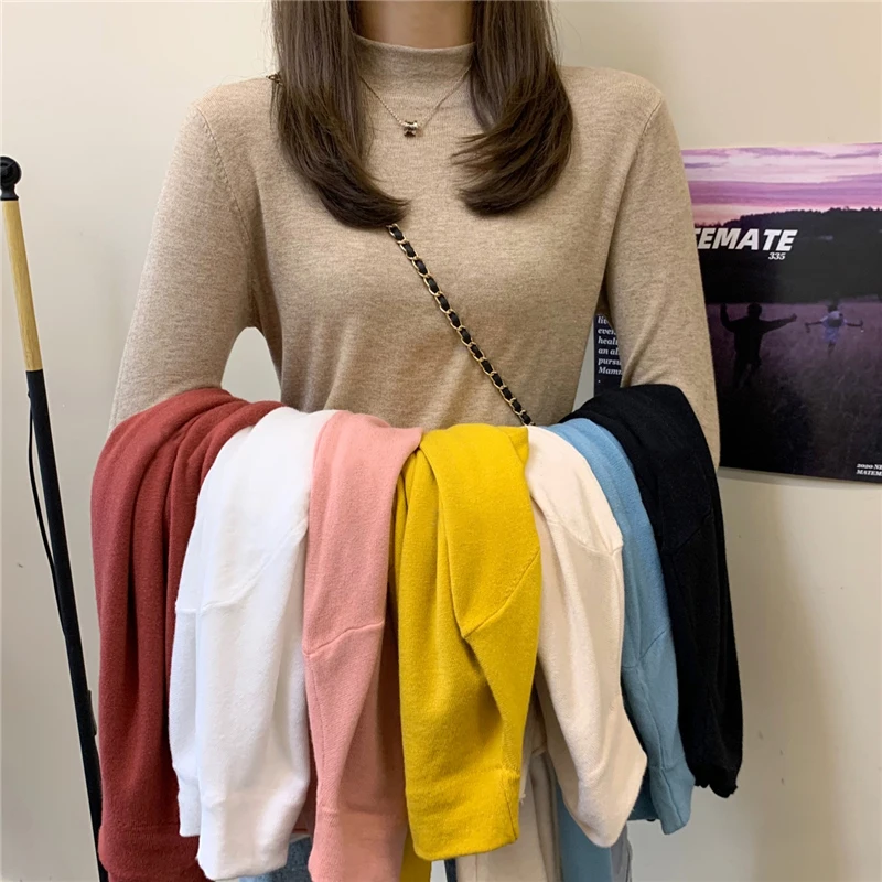 

Korean Style Slim Sweater Women Pullover Casual Half Turtleneck Autumn Winter Knit Sweater Female Jumpers solid basic sweater
