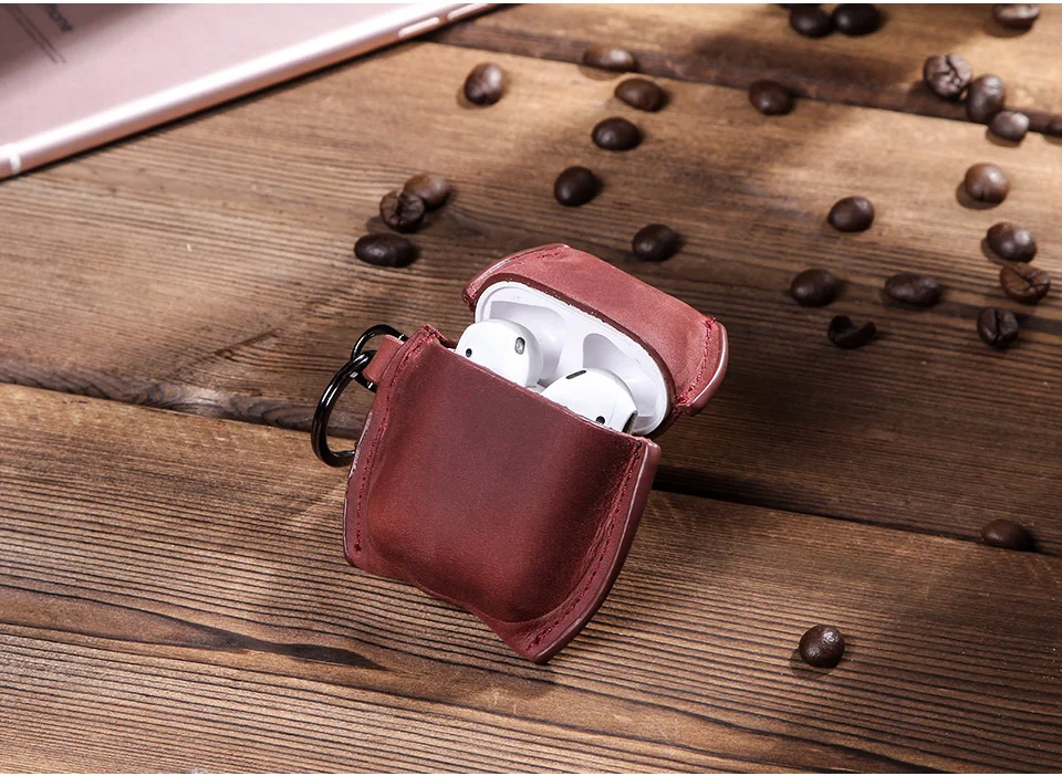 10P wholesale Premium Genuine Leather Portable Shockproof Protective Cover with Keychain for Apple AirPods 1&2 Charging Case