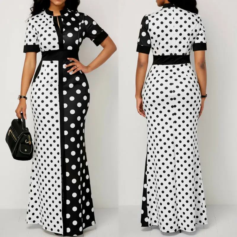 Women Polka Dot Long Dress Party Stand Neck High Waist Split Maxi Dresses For Women Sundress Shirt Dress Vintage Womens Dresses