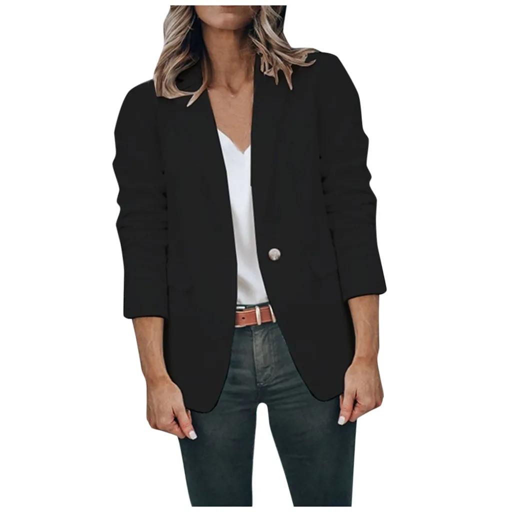 

Fashion Autumn Women Office Worker Solid Full Sleeve Button Suit Jacket Coat Turn-Down Collar Cardigan Mid Solid Coat B