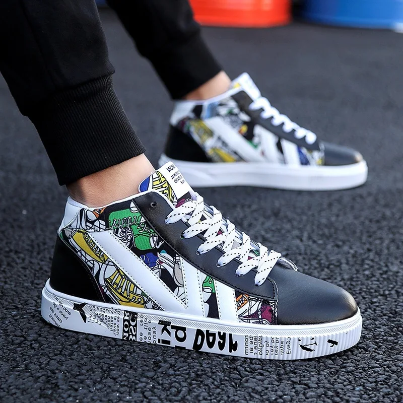 

Spring And Summer High-Top Shoes Men's Korean-style Trend Shoe Increase Hip Hop Casual Students Versatile High Men's Pu + Canvas