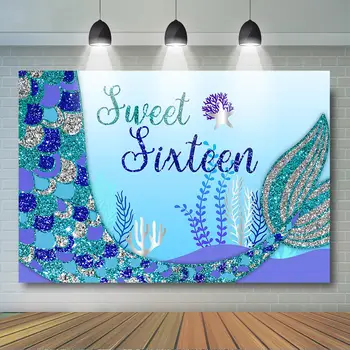 

Mermaid Birthday Backdrop Girls 16th Birthday Party Decor Sweet Sixteen Background Blue Silver Glitter Scales Backdrop