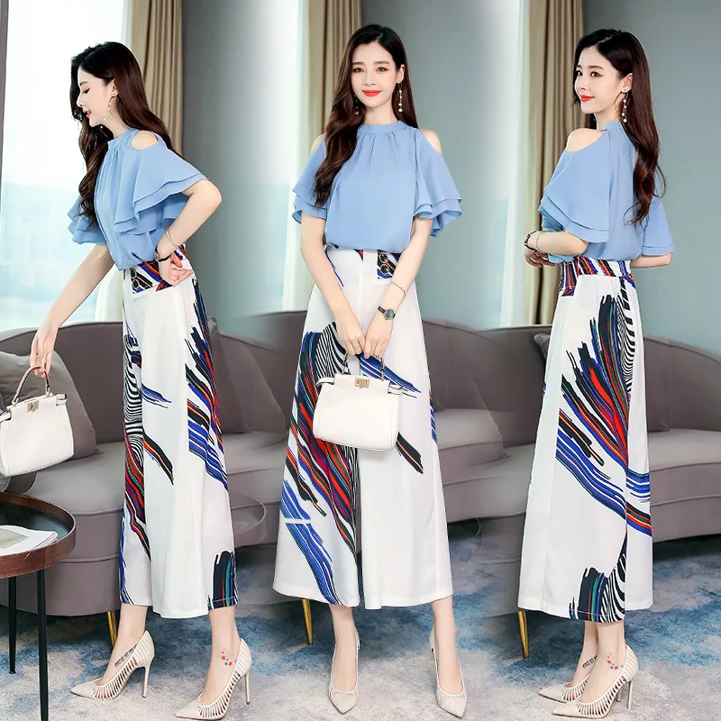 

Set 2019 Summer New Style Fashion Comfortable Simple Cool Mixed Colors off-Shoulder Breathable And Comfortable Two-Piece Set