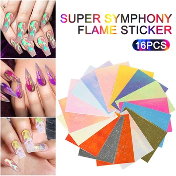 

16PC/set Nail sticker Holographic Fire Flame Nail Vinyls Stencil Hollow Stickers Fires Stencil Sticker Nail Art Decoration Party