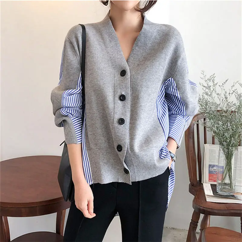 

Patchwork Sweater Women Casual Knitted Cardigan Fashion Korean Style Loose Fake Two Pieces Top V-neck Oversize Sweater