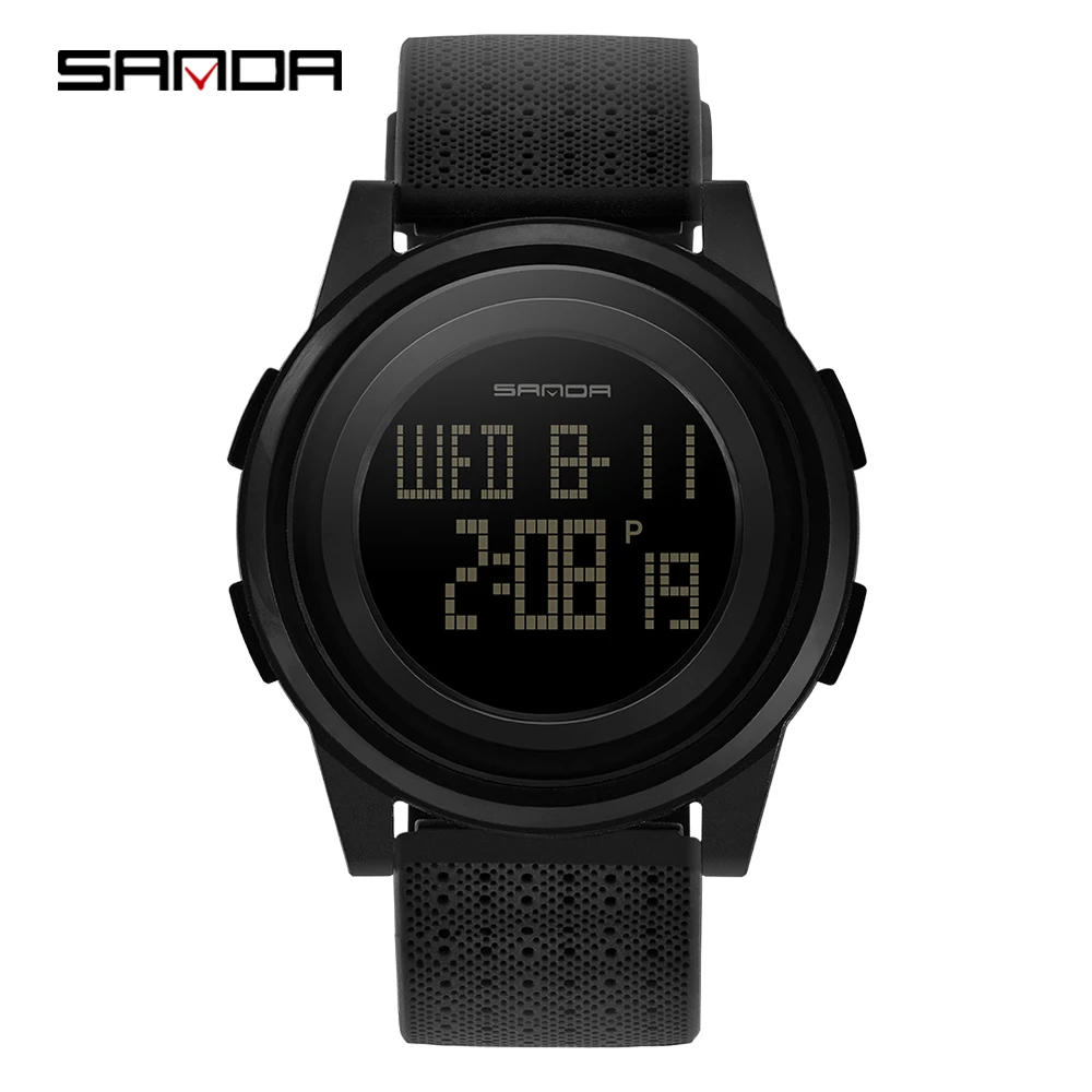 black SANDA, Роскошные мужские часы, 9 мм, супер тонкие, аналоговые, цифровые, военные, для спорта на открытом воздухе, светодиодный, водонепроницаемые, наручные, электронные, мужские часы - Цвет: black