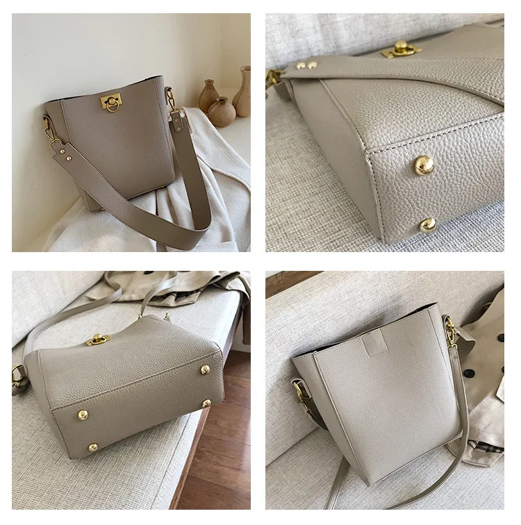 

2019 Autumn New Style WOMEN'S Bag British Style Shoulder Bag Korean Fanshui Bucket Bag Embossed Leather Lock Different Size Bags