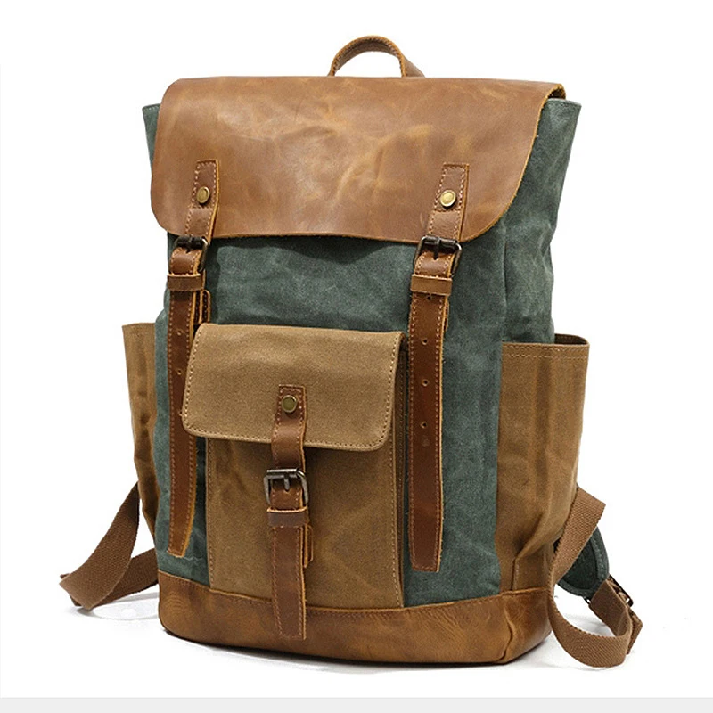 Men Backpack Travel Waterproof Computer Laptop Bag Vintage Oil Wax Canvas Backpacks Leather Male Backpack School Bag