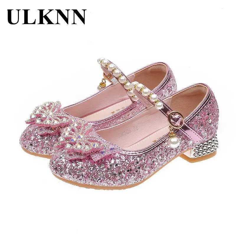 Princess Girls High Heels New 2023 Children With Blue Dance Single Girl Crystal Shoes Bowknot Rhinestone Beaded Leather Shoes