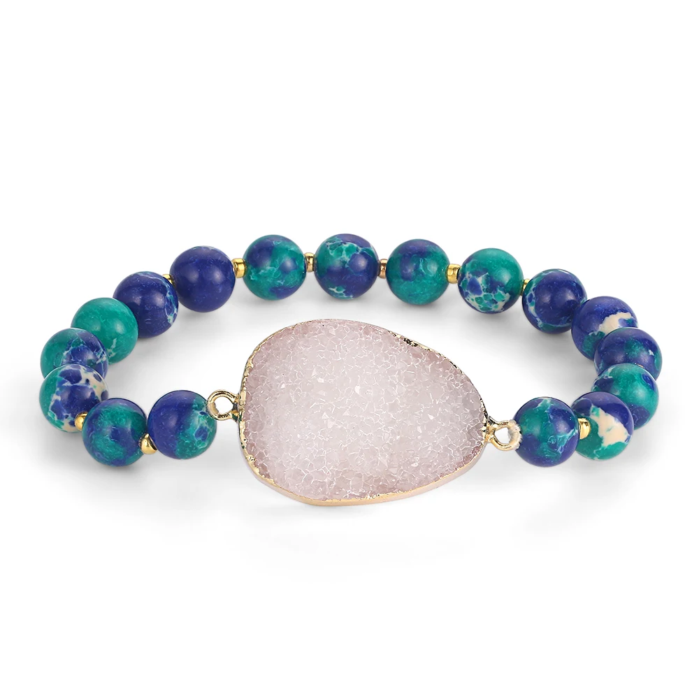 Браслеты ShinyGem Yoga с натуральным камнем 8 мм синий зеленый морской осадочный Jaspers браслеты из бисера золотые браслеты ручной работы для женщин - Окраска металла: White Druzy