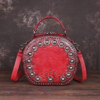 

New Fashion Handmade Riveting Nail round Handbag Bag Shoulder Messenger Women's Leather Bags