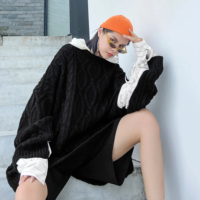 [EAM] Black Pleated Big Size Knitting Sweater