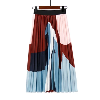 

Womens Long Pleated Skirt Europen High Waist Elastic Skirt 2019 Spring Summer Print High Street A Line Casual Fashion Skirt