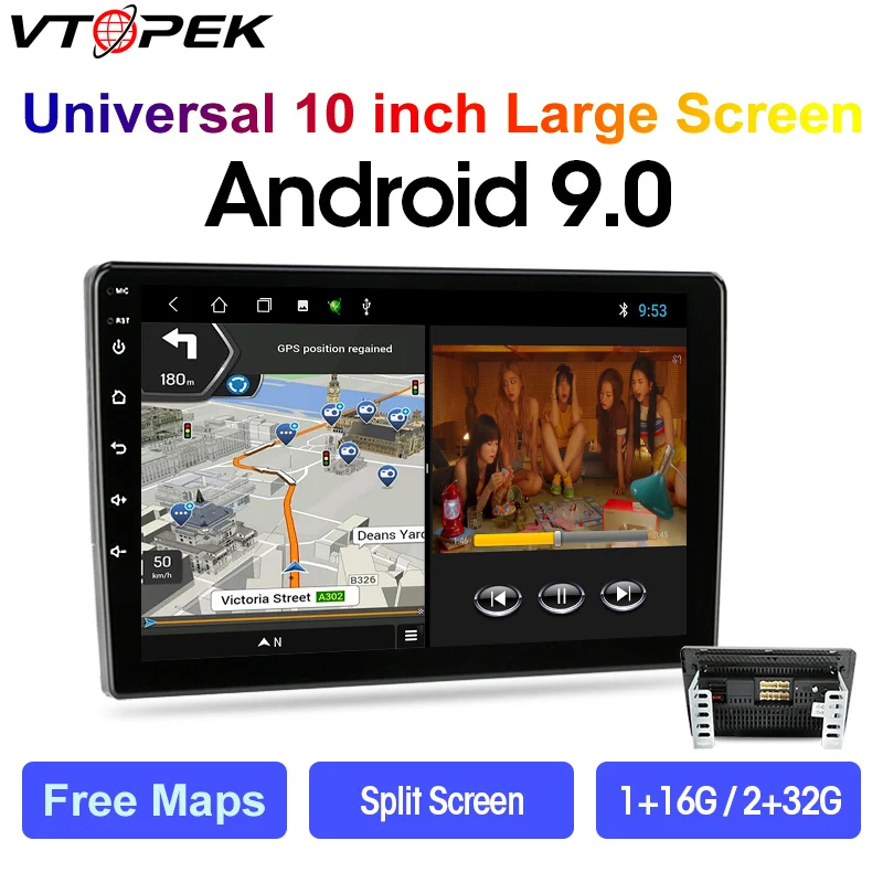 

Vtopek 10.1 Inch Universal Car Radio Multimedia Video Player Android 9.0 Navigation GPS FM for Nissan Kia Honda VW Split Screen