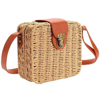 

Premium Beach Rattan Bag Small Crossbody Sling Bag Square Straw Bag( Brown)