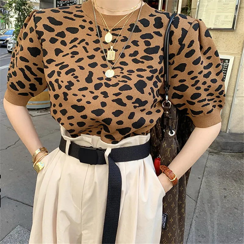 

Hzirip Leopard Casual Sweet Pullovers High Quality Waist-Controlled Women Warm Autumn Slim Elegant Knitted All Match Sweater